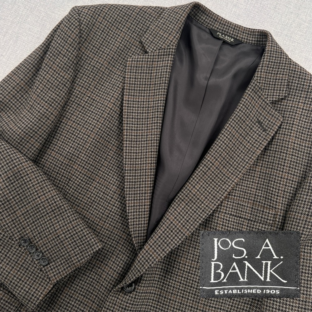 VTG 90s Jos A Bank Houndstooth Wool Blazer Sport Coat Men 48R Brown Ivy Academia
